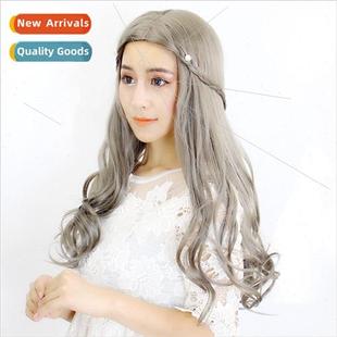 Medium long curly hair wig female center parted big wave lon
