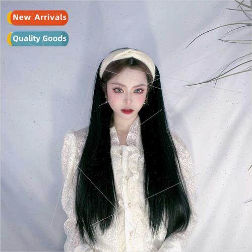 wig female one piece half head set hair band black long kore