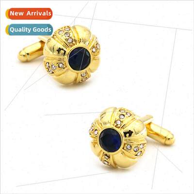 New Business mple Round Gold Flower Cufflinks Black Crystal