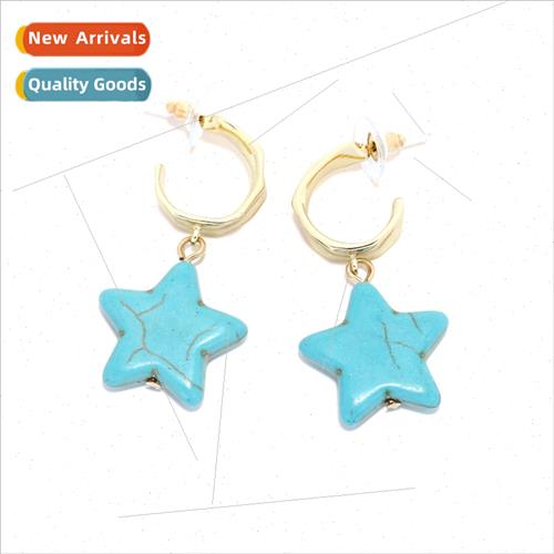 retro creative sense beaded turquoise pentagram earrings per