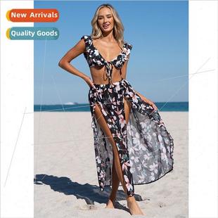 Tie Spl Piece Three Bikini Ruffle Feminine Swimsu New 2023