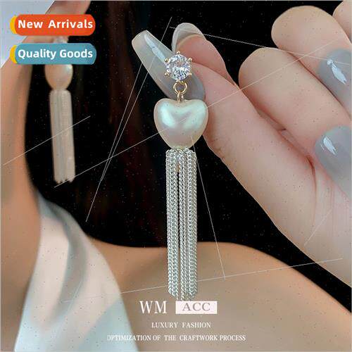 silver pin wh diamond pearl heart tassel earrings fashion ea