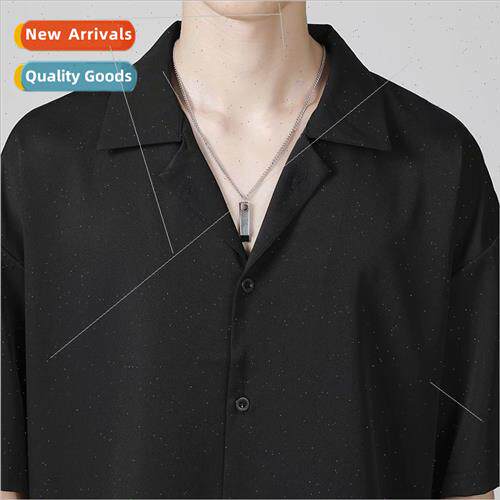Ice silk shirt mens black short-sleeved blouse casual loose
