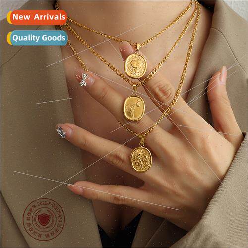 che Gold Coin Geometric Oval Pattern Fading Rose Necklace Se
