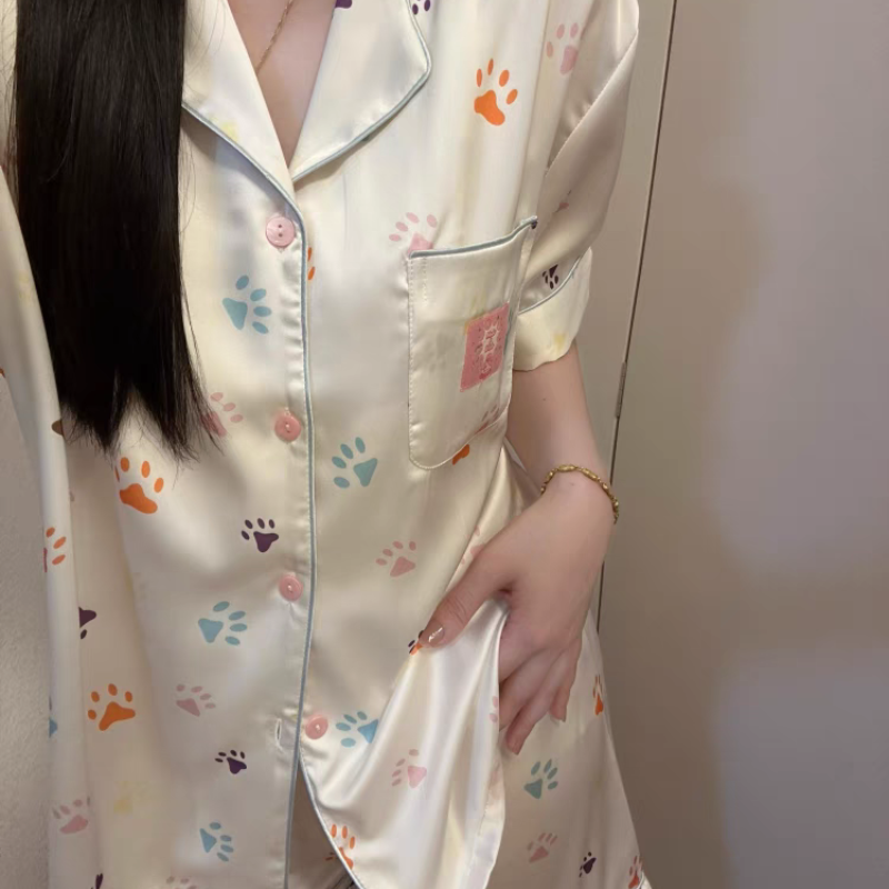 春夏秋季长袖长裤可爱狗爪印花冰丝睡衣女卡通ins卡通家居服套装