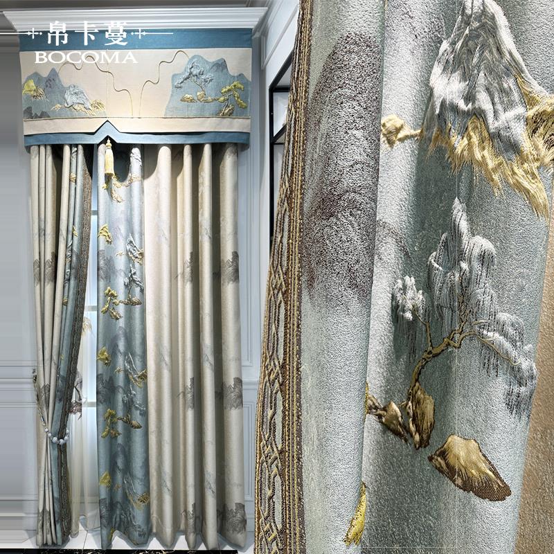 高档别墅奢华中式复古山水客厅卧室提花浮雕窗帘绣花窗纱成品定制