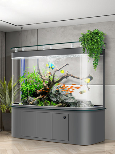 鱼缸客厅中、大型家用壁挂式弧形水族缸不变水下过滤智能落地生态