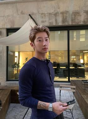 HOK美式复古修身长袖T恤衫纯色亨利领紧身打底衫miu风网纱感上衣