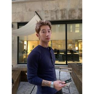 纯色亨利领紧身打底衫 HOK美式 T恤衫 长袖 miu风网纱感上衣 复古修身