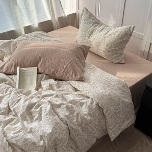 ins复古奶茶色碎花兔兔水洗棉四件套混搭宿舍全棉被套床单三件套