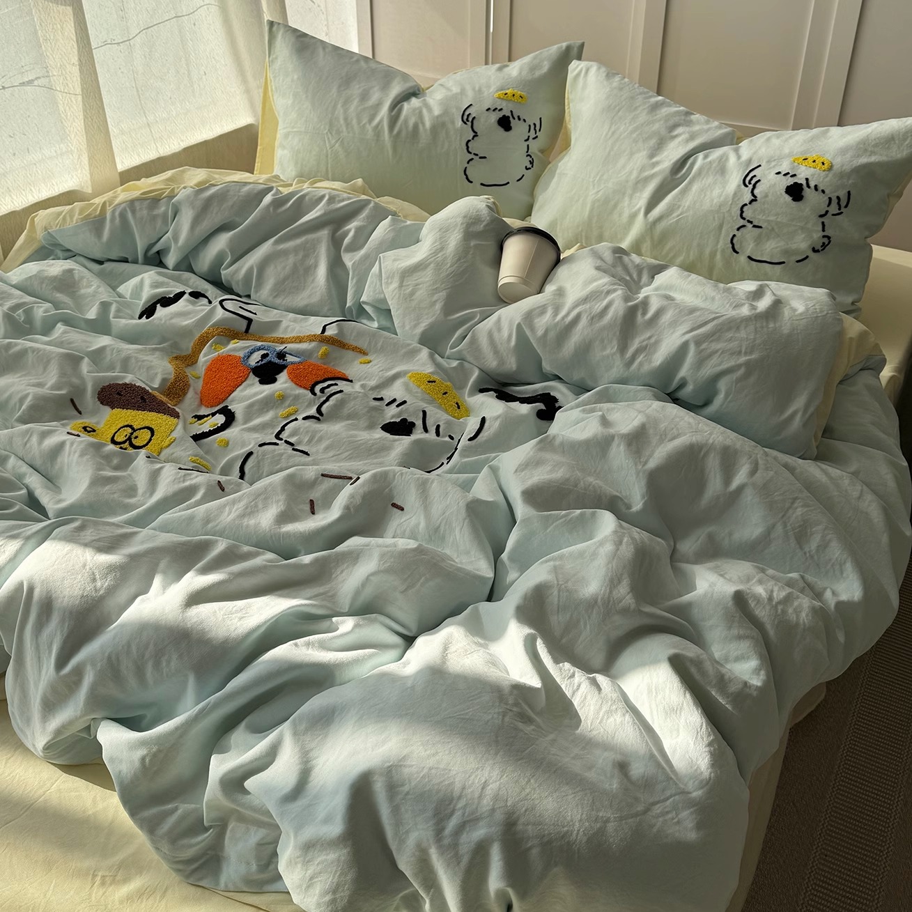 ins小清新可爱卡通狗毛巾绣水洗棉四件套纯色床单学生被套三件套