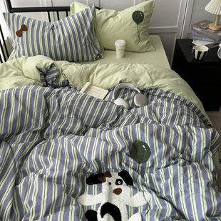 ins博主风气球狗毛巾绣水洗棉四件套简约条纹被套学生床单三件套