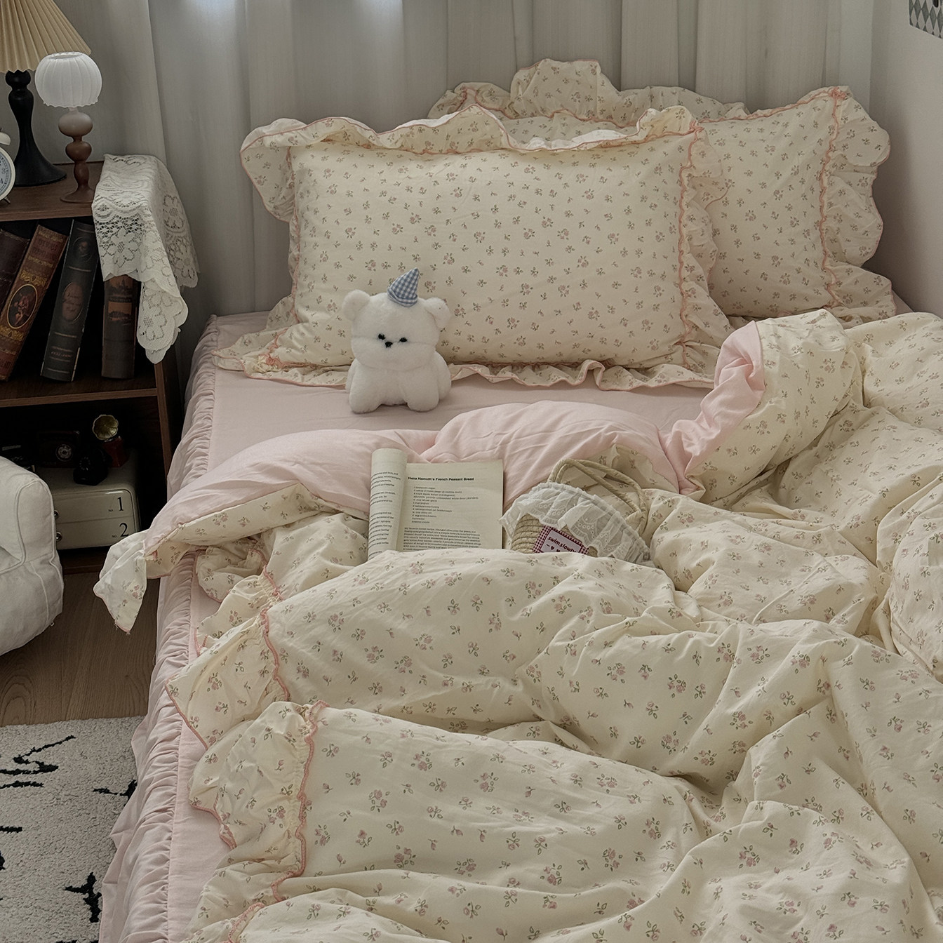 少女ins粉色小碎花水洗棉四件套密拷花边被套学生宿舍三件套床裙