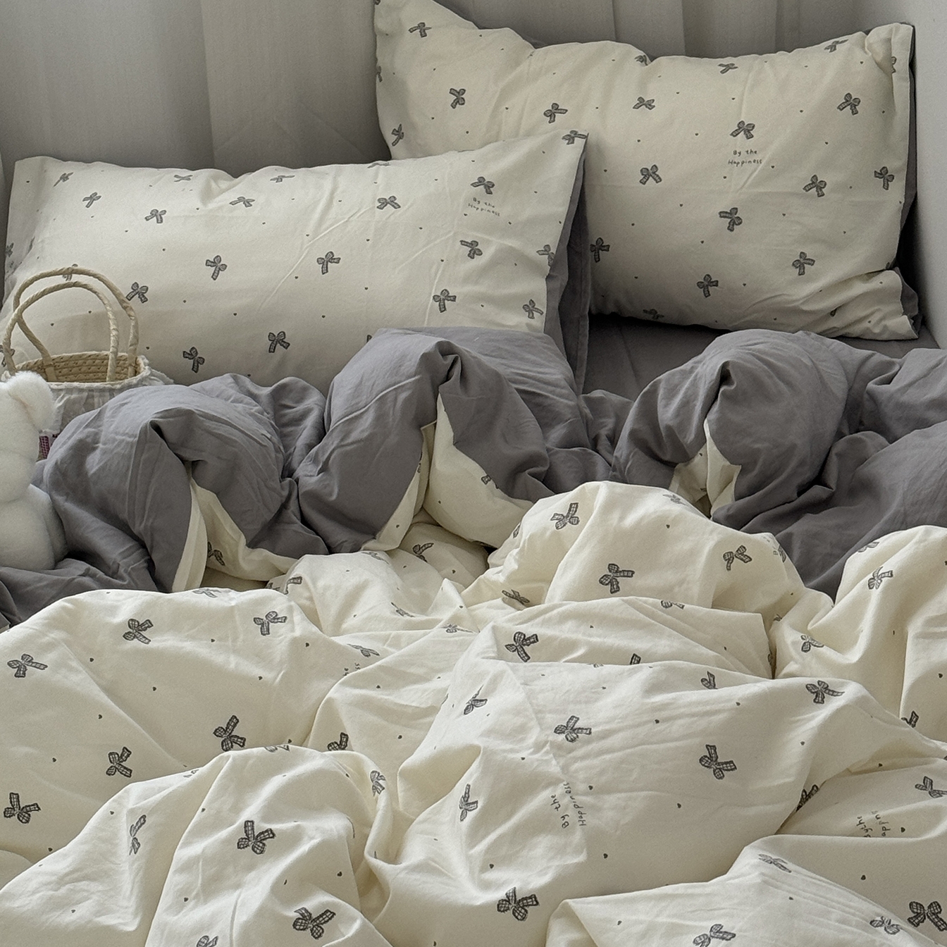 简约ins少女心蝴蝶结水洗棉四件套灰色床单学生被套三件套非全棉