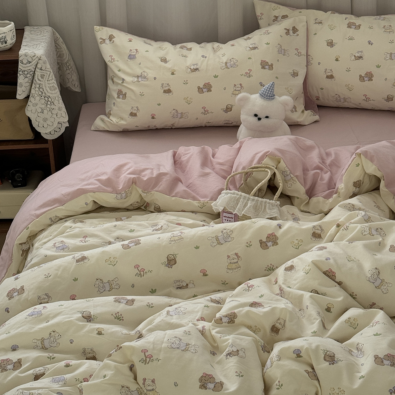 韩系少女可爱狗狗水洗棉四件套粉色床单床笠学生被套三件套非全棉