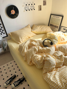 日式简约黄色小格水洗棉四件套软糯全棉被套床单人学生宿舍三件套