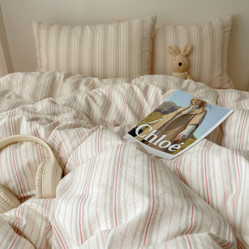 韩系ins风温柔少女条纹水洗棉四件套浅粉床单学生被套宿舍三件套