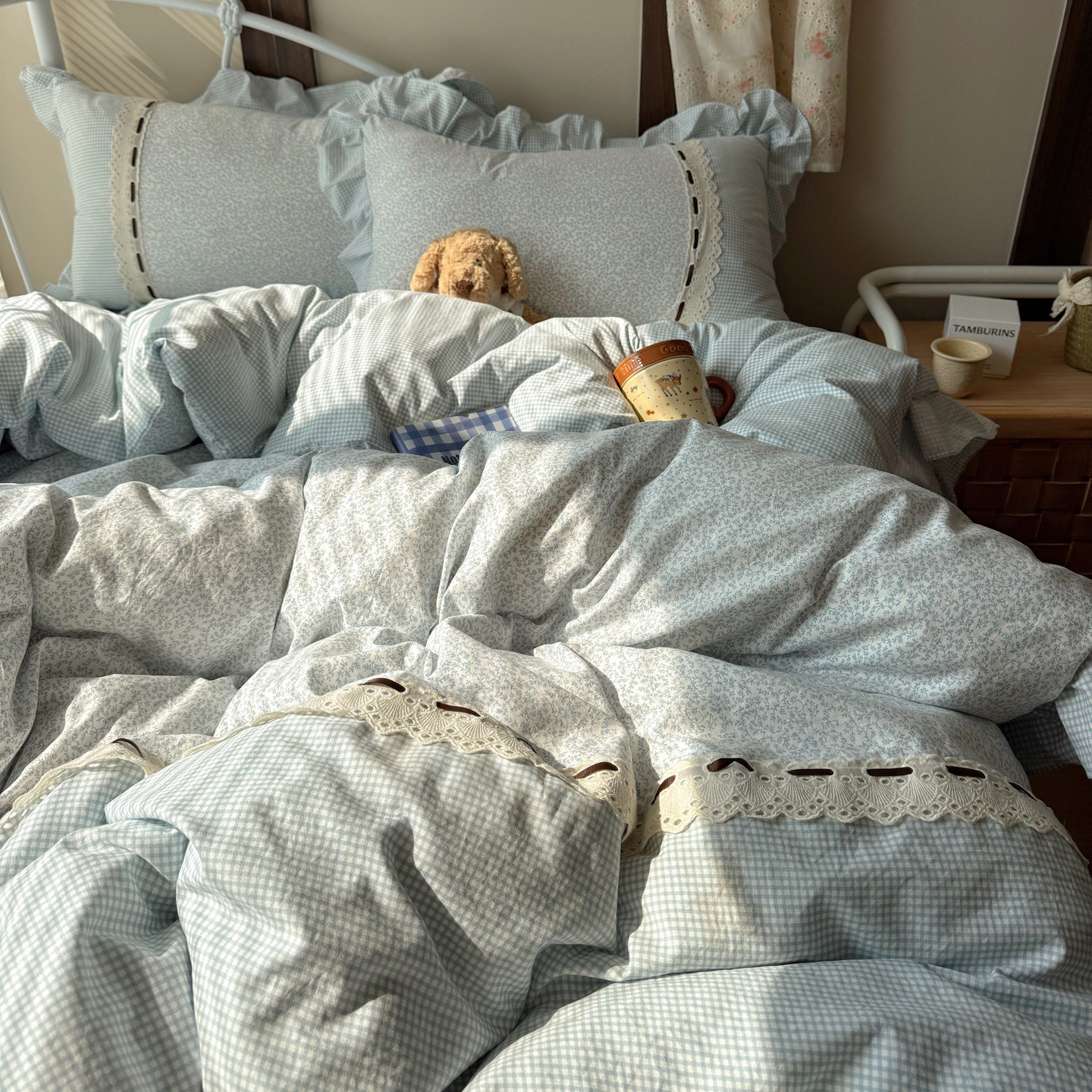 韩式小清新春夏碎花水洗棉四件套拼接花边被套学生宿舍被套三件套