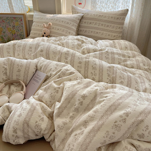 温柔少女ins三层纱碎花四件套软糯褶皱感全棉被套宿舍床单三件套