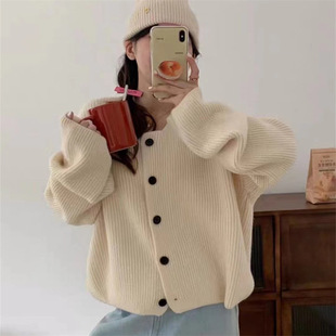 圆领针织开衫 宽松外穿短款 女 简约纯色针织毛衣外套女秋冬新款 韩版