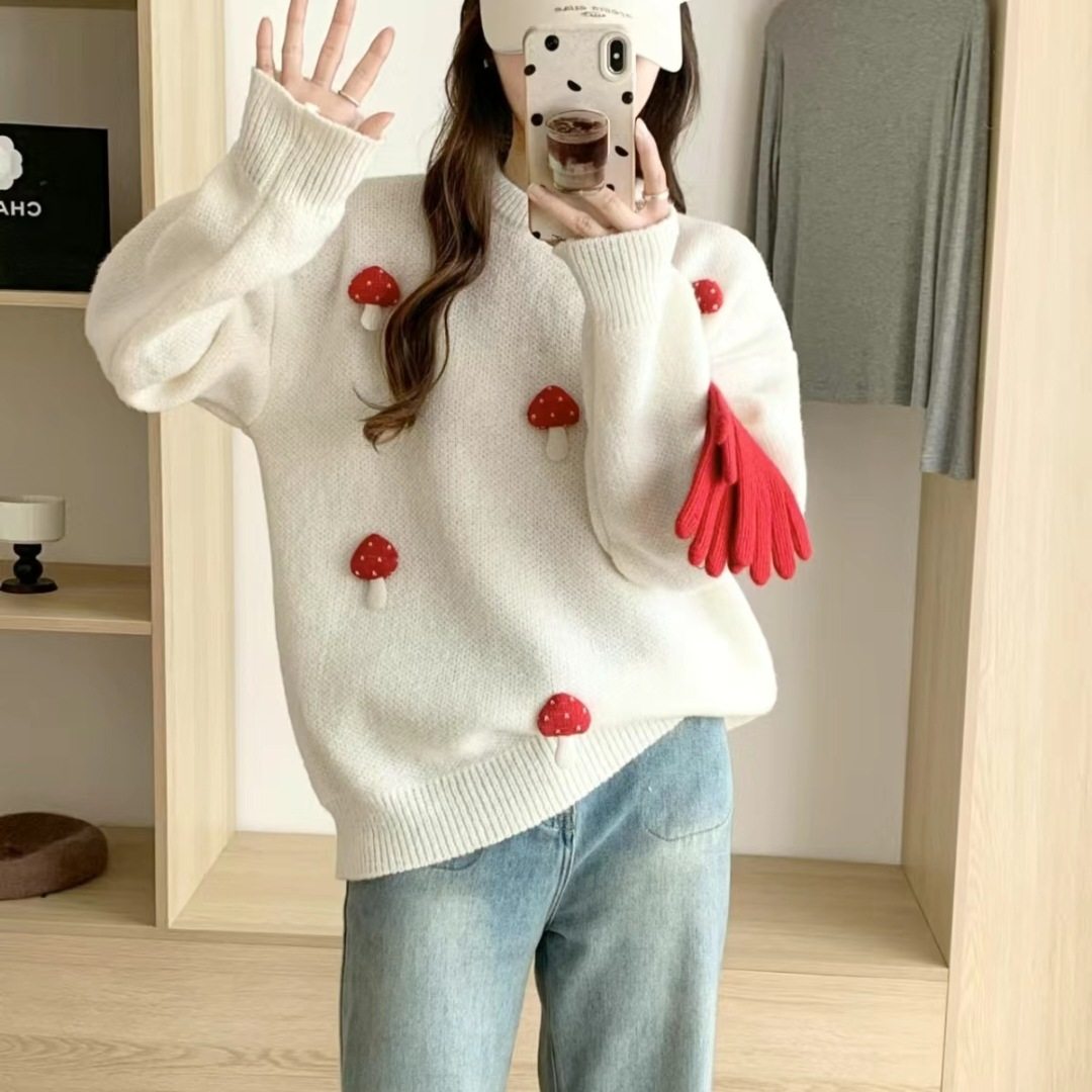 女装毛衣2025秋冬新款女士韩版圆领宽松毛衣可爱蘑菇针织衫女上衣