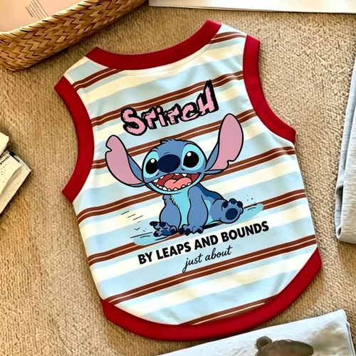 复古条纹卡通史迪仔夏薄款宠物猫咪狗狗衣服印花背心春中小型犬