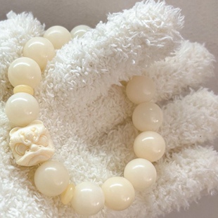 [真菩提]小白圆珠手串手作国风醒狮款12mm白玉菩提根绕指柔盘玩