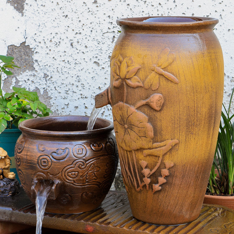 古法鱼缸造景全套摆件陶罐瀑布生态流水过滤器循环水养鱼鱼池陶瓷