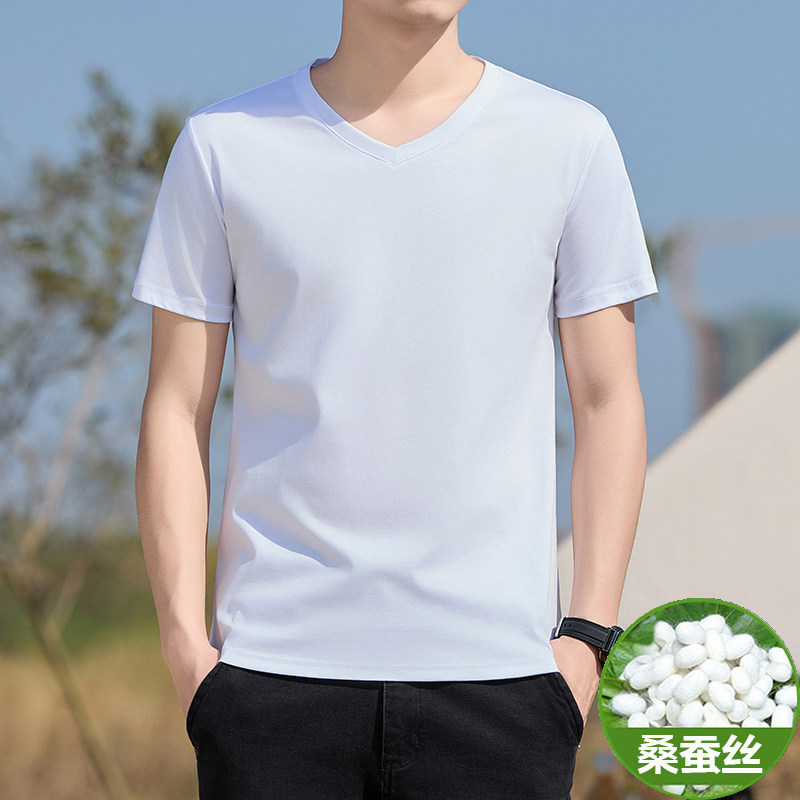 新品桑蚕丝V领冰丝短袖T恤男士夏季半袖内搭打底衫鸡心领潮牌男款