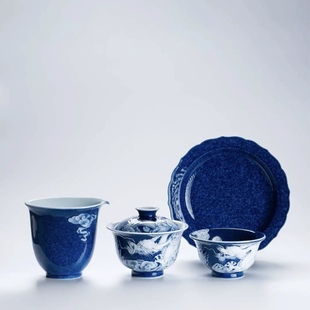 初蓝舍 洒蓝堆白云龙套组 景德镇纯手工茶具 重工刻绘 送礼礼盒