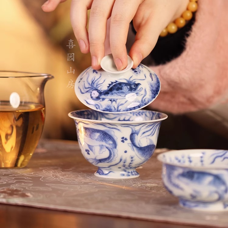 望月怀古新品满绘鱼藻纹盖碗