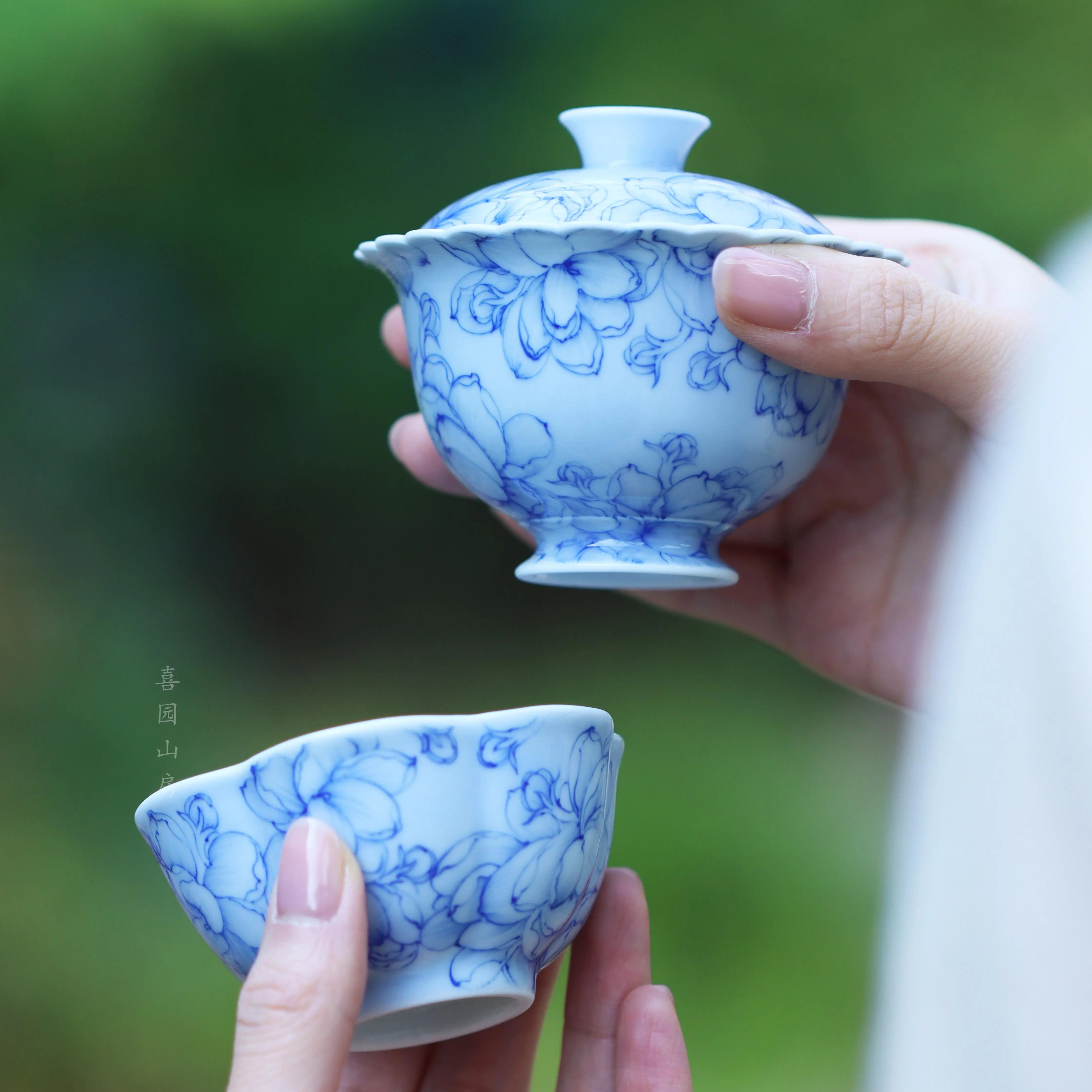 青樵轩栀子花盖碗杯子淡描青花