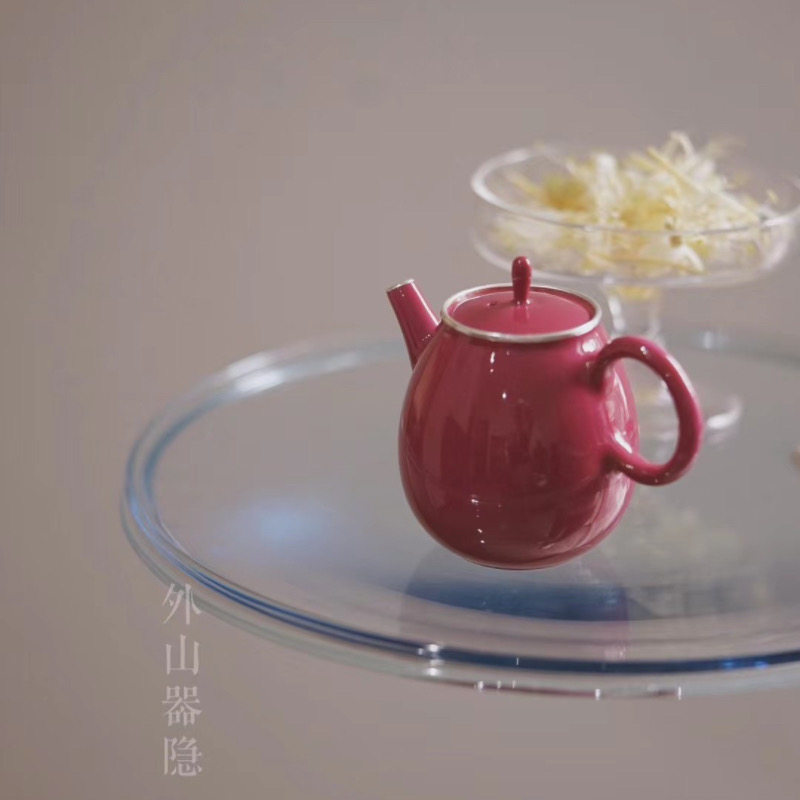 外山器隐胭脂红梨形手工包银壶