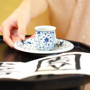 勤义堂慢叩柴窑 青花缠枝茶花小杯45cc 壶承13cm 景德镇纯手工