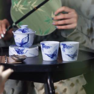 画堂春 庄周梦蝶盖碗盖置 主人杯   景德镇名窑口 手工茶具 证书