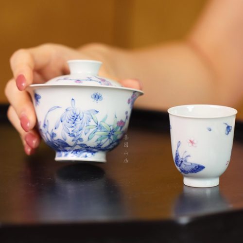 禄意窑  爆款斗彩四君子盖碗120cc  蝶恋花杯 景德镇纯手绘不烫手