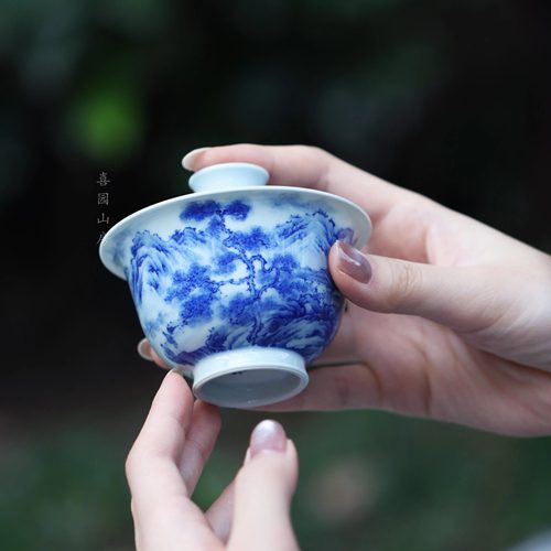 禄意窑山水二才盖碗手绘青花