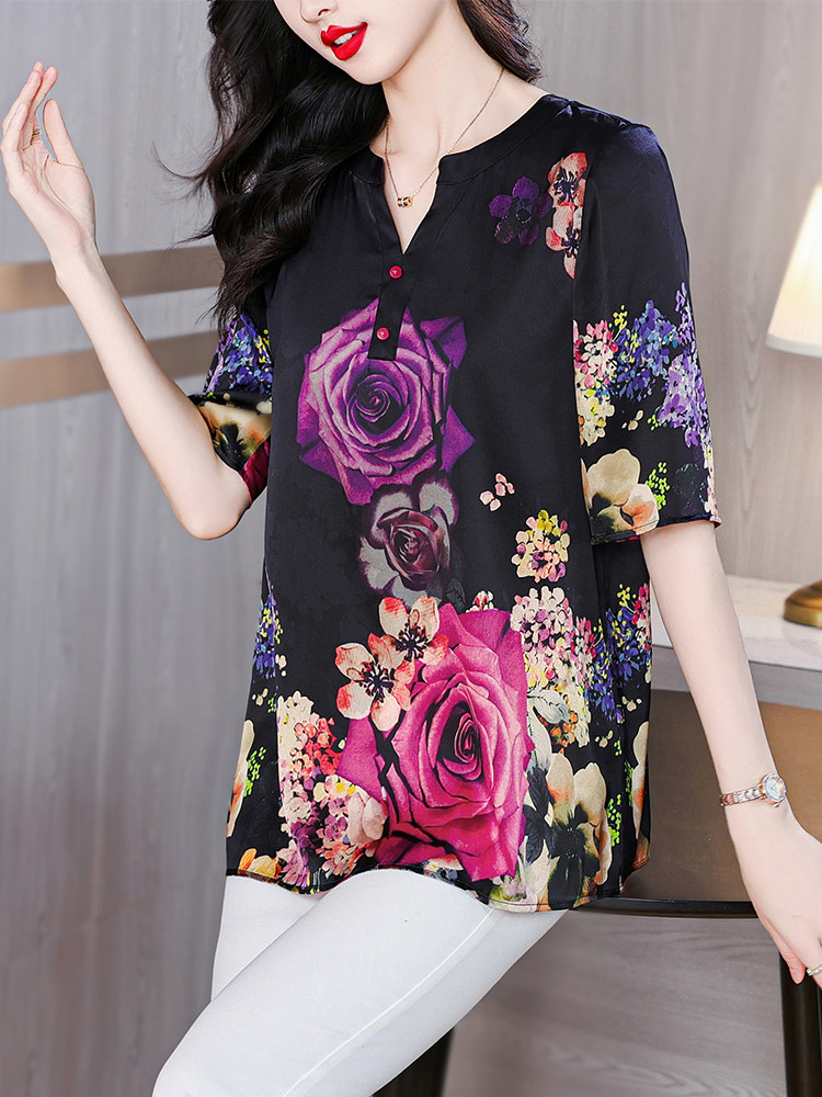 MRS. KUOS HIGH-END PRINTED SLIM SHIRT WOMENS 2024 SUMMER NEW MIDDLE-AGED MOTHERS FOREIGN AGE REDUCTION VERSATILE TOP