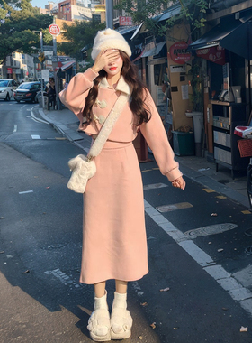 《桃桃恋冬》粉色呢子套装可爱学院风翻领短款外套半身裙两件套装