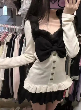 日系甜美套装秋季新款蝴蝶结木耳边长袖上衣黑色百褶半身裙两件套