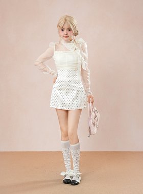 【假日白茶】miu系小千金风蝴蝶结上衣+波点包臀裙套装女秋季新款