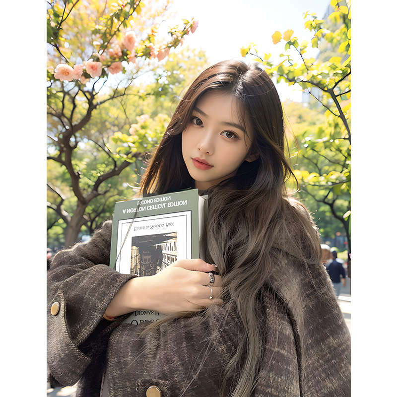 坠入暮色 复古格纹加厚保暖毛呢外套大衣冬季新款围巾领呢子外套