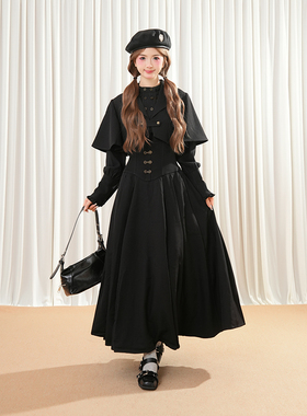 沉睡梦境 复古鱼骨挂脖收腰半裙+衬衫+披肩优雅古典秋季三件套