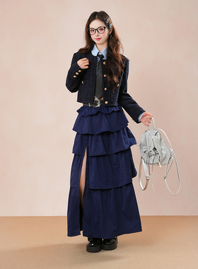 韩系学院藏蓝色小香风外套条纹长袖衬衫不规则开叉长半裙三件套女