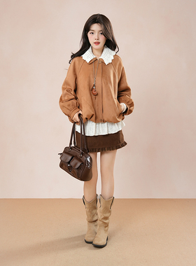 复古美拉德棕色系翻领短款夹克秋季新款小个子高级感气质花苞外套