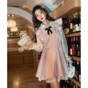 温柔粉甜美A字飞袖 一整套纯欲风 小香风连衣裙显瘦短裙2025冬秋装