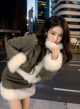 冬野辣妹  毛毛拼接外套短款上衣高腰半身裙短裙两件套装女装秋冬