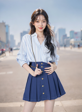 学院风时尚套装女小个子初秋季2025新款蓝色衬衫上衣半身裙两件套