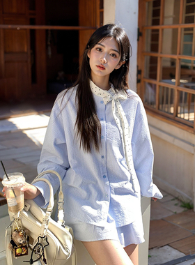 蓝韵悠然 韩系休闲蓝色条纹长袖T恤拼接波点领口蝴蝶结设计感套装