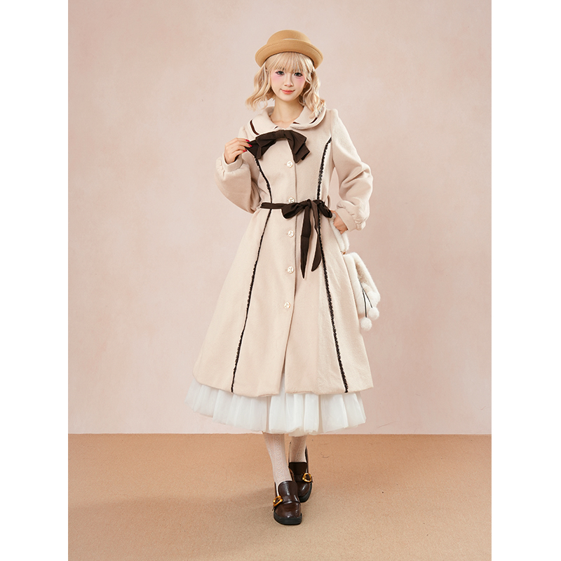 日系甜美学院风外套2025秋冬新款可爱蝴蝶结娃娃领收腰毛呢大衣女